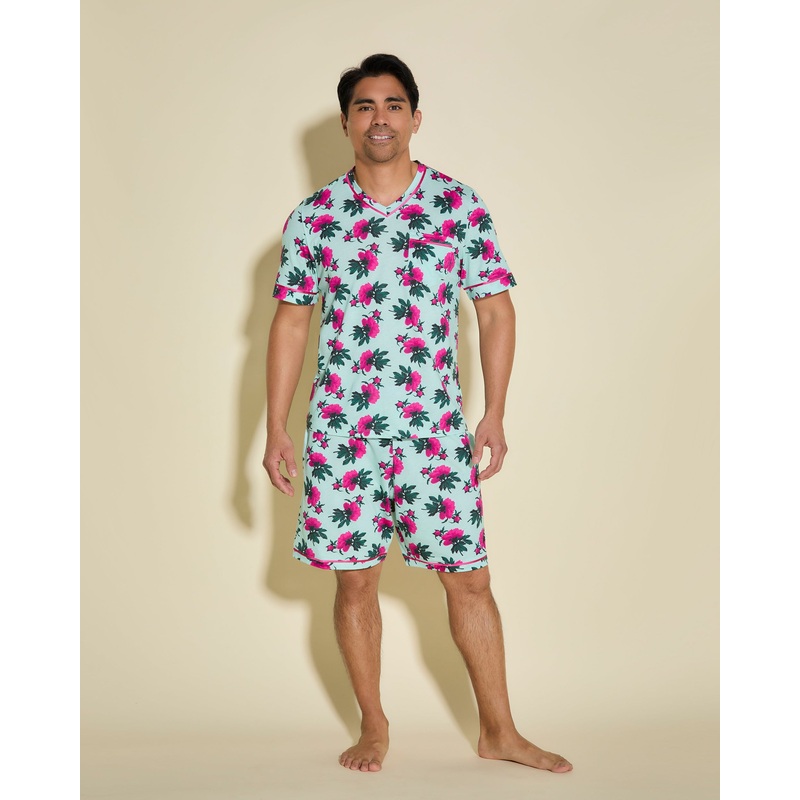 Kurzrmeliges Top & Shorts Pyjama-Set Fr Mnner Lagoon Mint Dahlia/Ivory S