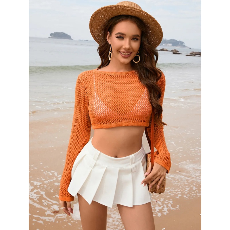 Openwork Long Sleeve Cover-Up Caramel S