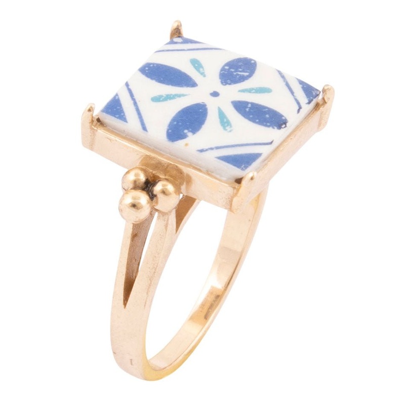 Santorini Blue and White Tile Golden Statement Ring 7