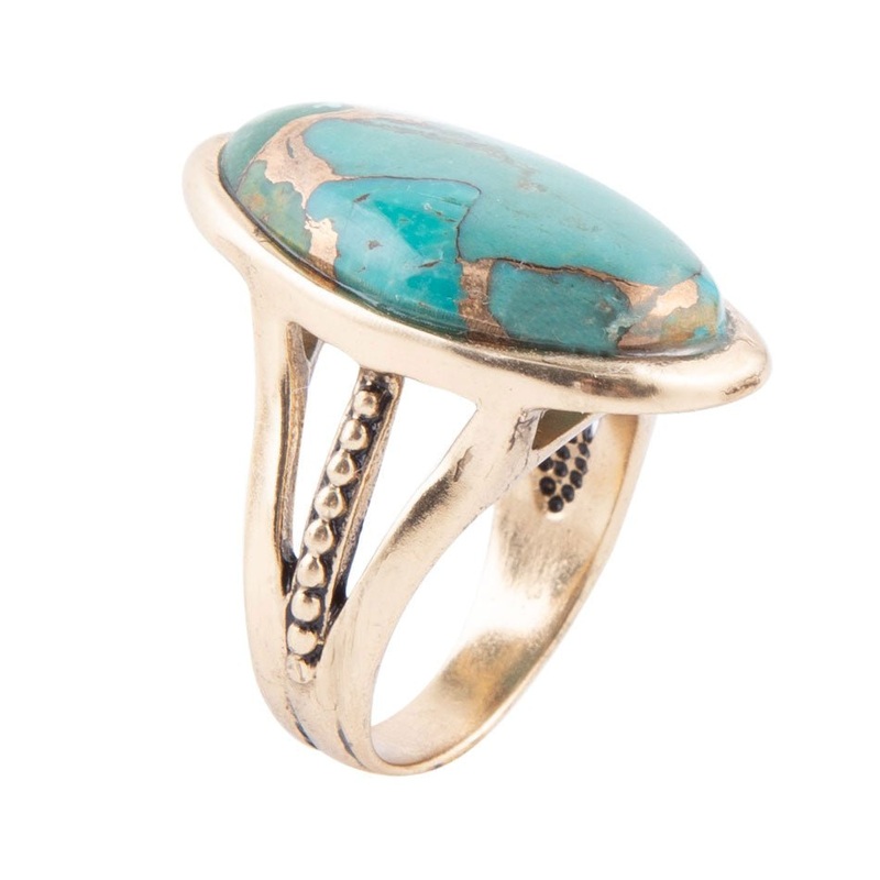 Blue Turquoise and Bronze Matrix Golden Oval Ring 7