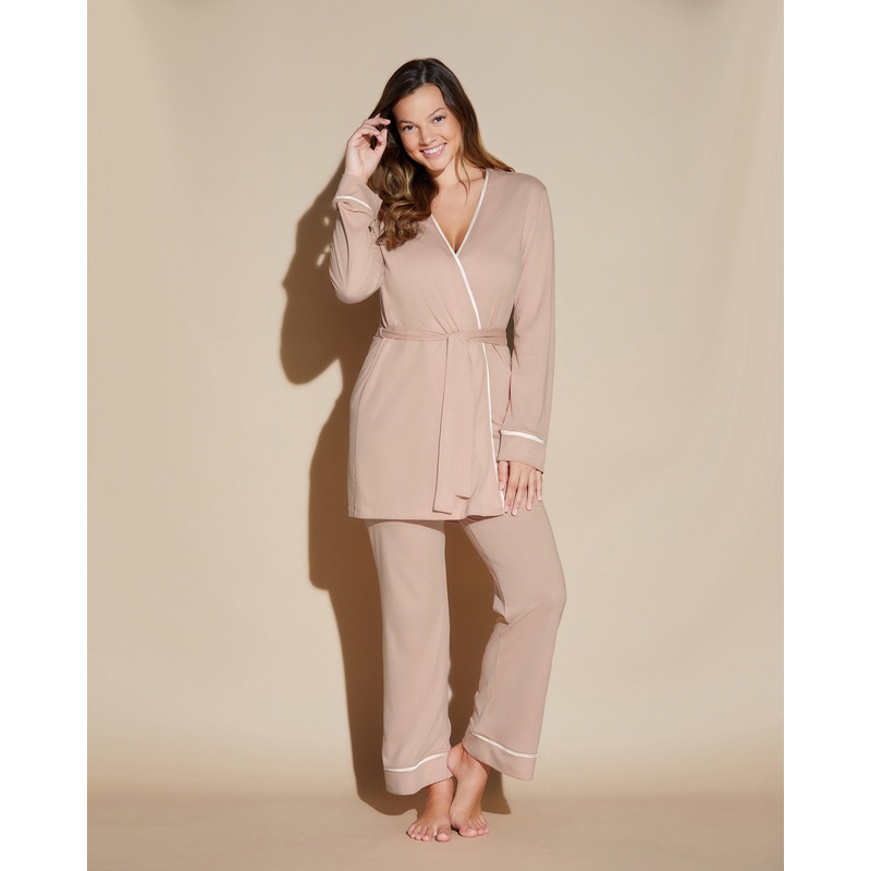 Conjunto De Pijama Curvy De 3 Piezas Con Bata Camel/Moon Ivory P