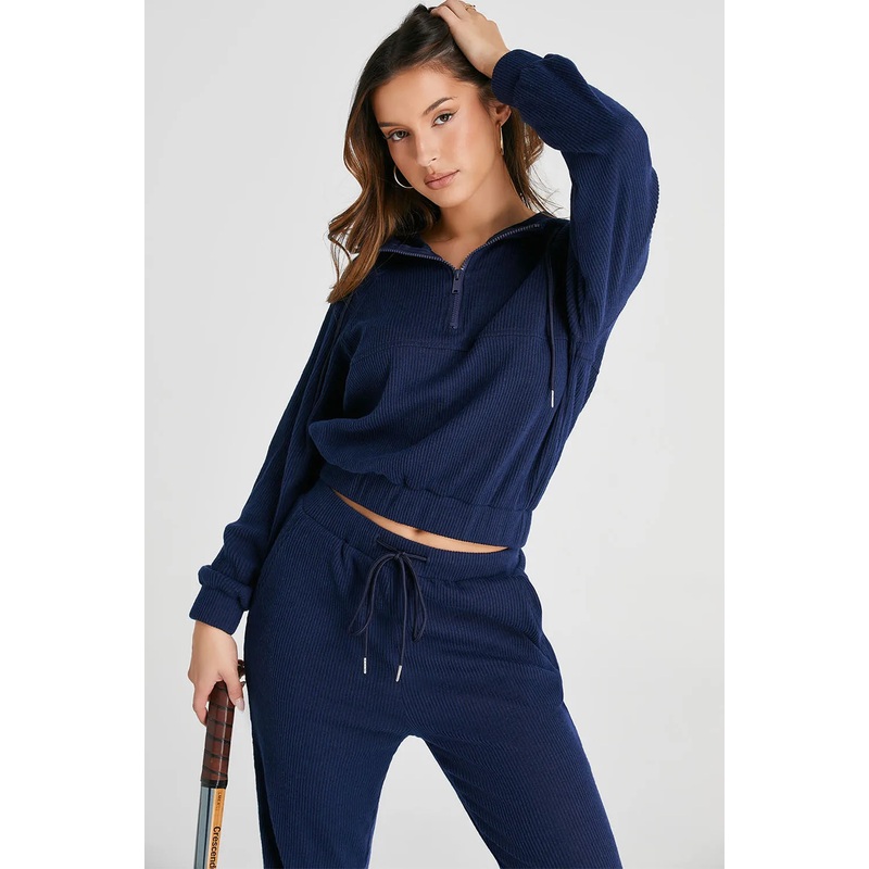 Drawstring Half Zip Hoodie and Joggers Active Set Navy S