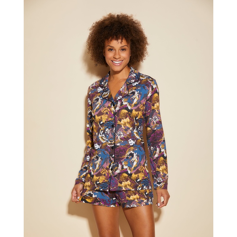 Printed Long Sleeve Top & Boxer Pajama Set Africa Tiger/Black XS