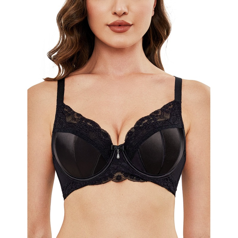 Full Coverage Minimizer Bra Lace Floral See Through Non-Padded Underwire Plus Size Bras Black 32B/70B