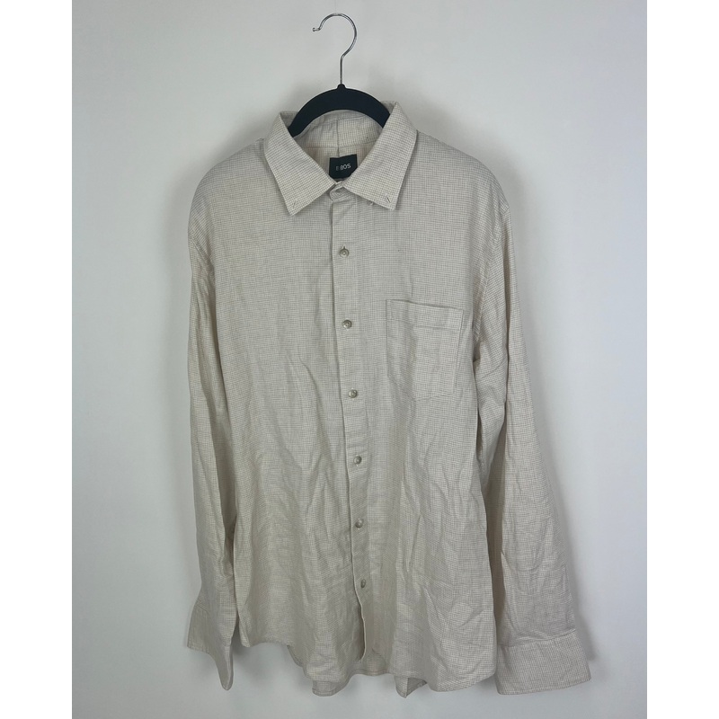 MENS Tan And White Checkered Long Sleeve Shirt – Large