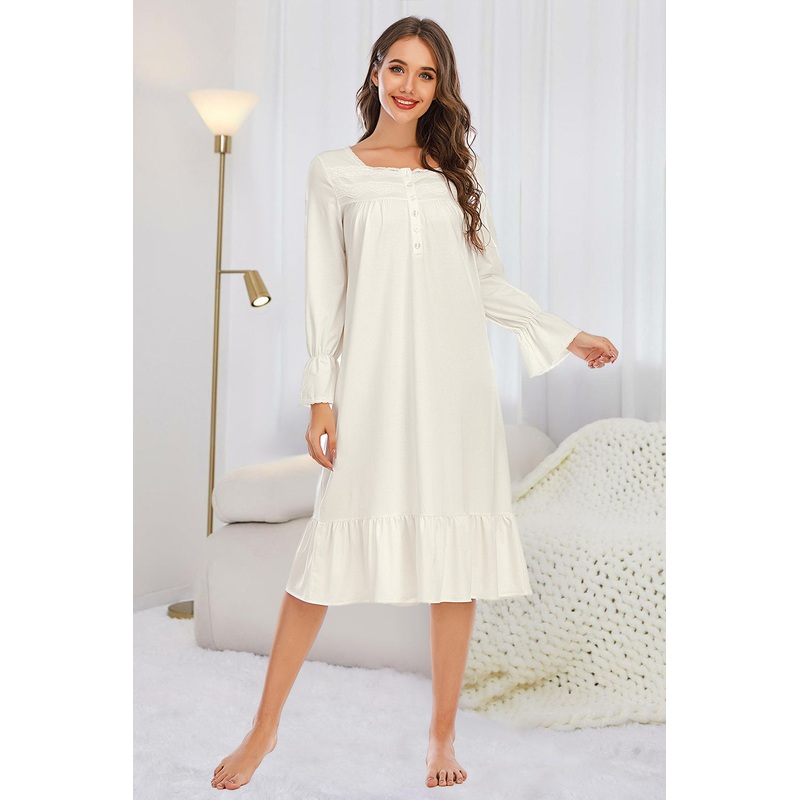 Flounce Sleeve Ruffle Hem Night Dress White S