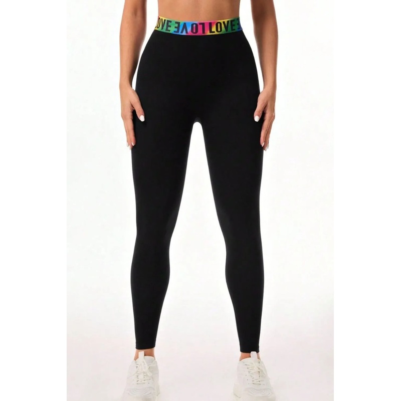 Letter Printed High Waist Active Leggings Black S