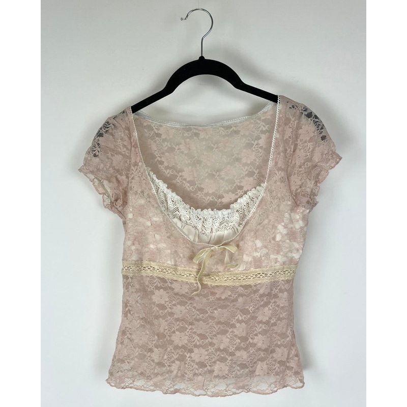 Light Pink Lace Transparent Short Sleeve Shirt – Size 0/2