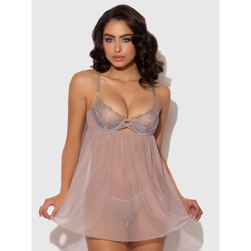 Wren Satin & Embroidered Tulip Demi Babydoll Grey S