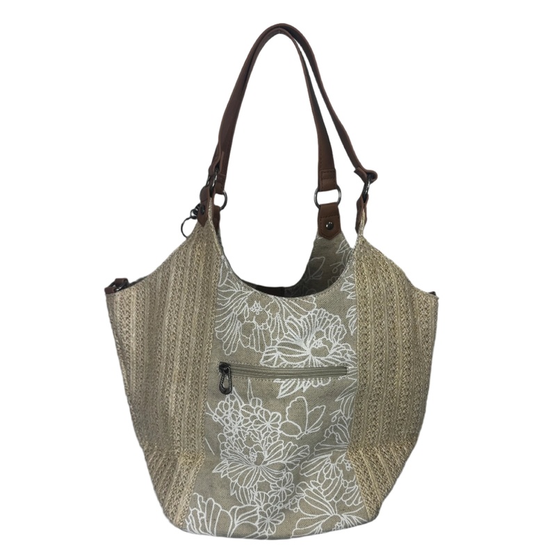 Beige Woven With Tan Floral Stripe Shoulder Bag