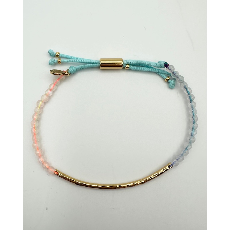 Blue And Pink Beaded Rope Bracelet With Gold Bar