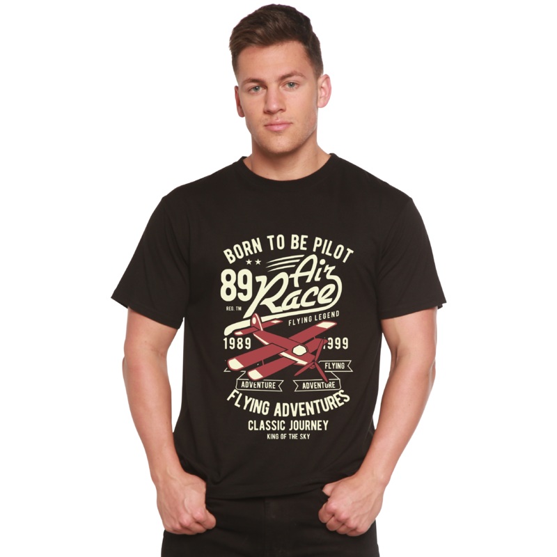 Born To Be Pilot Men’s Bamboo Viscose/Organic Cotton Short Sleeve Graphic T-Shirt Medium Black