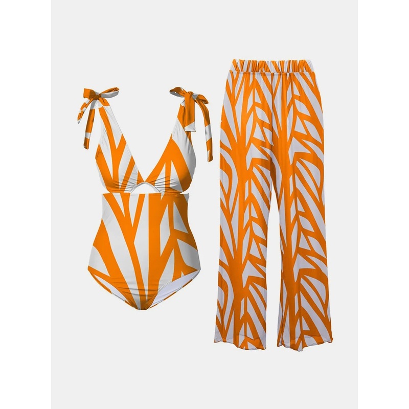 FAM-FAM Printed Tie Shoulder Swimwear and Pants Swim Set Tangerine S