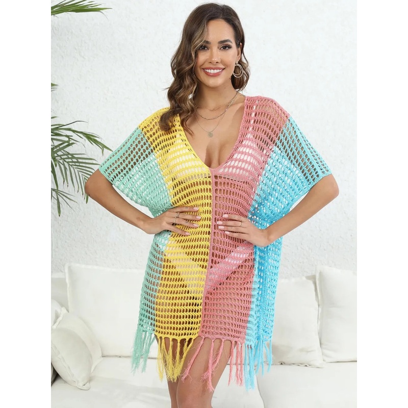 Fringe Color Block Scoop Neck Cover Up Dusty Pink One Size