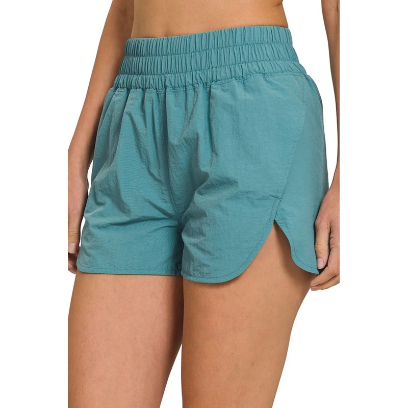 Zenana Windbreaker Smocked Waistband Running Shorts DUSTY TEAL S