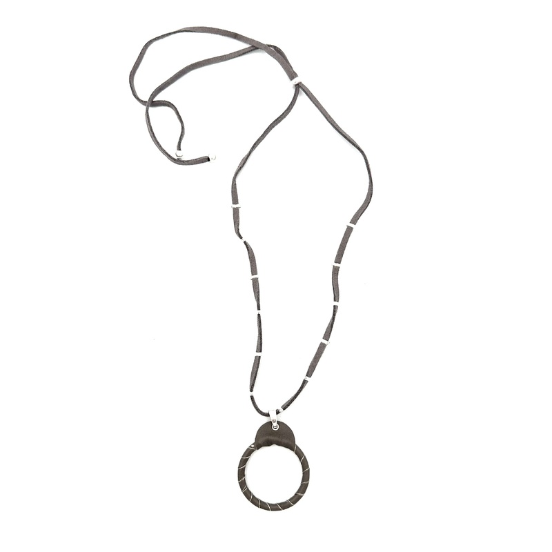 Gray Fabric Circle Charm Necklace