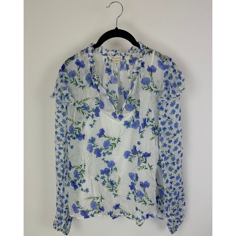 White and Blue Floral Patterned Blouse – Small