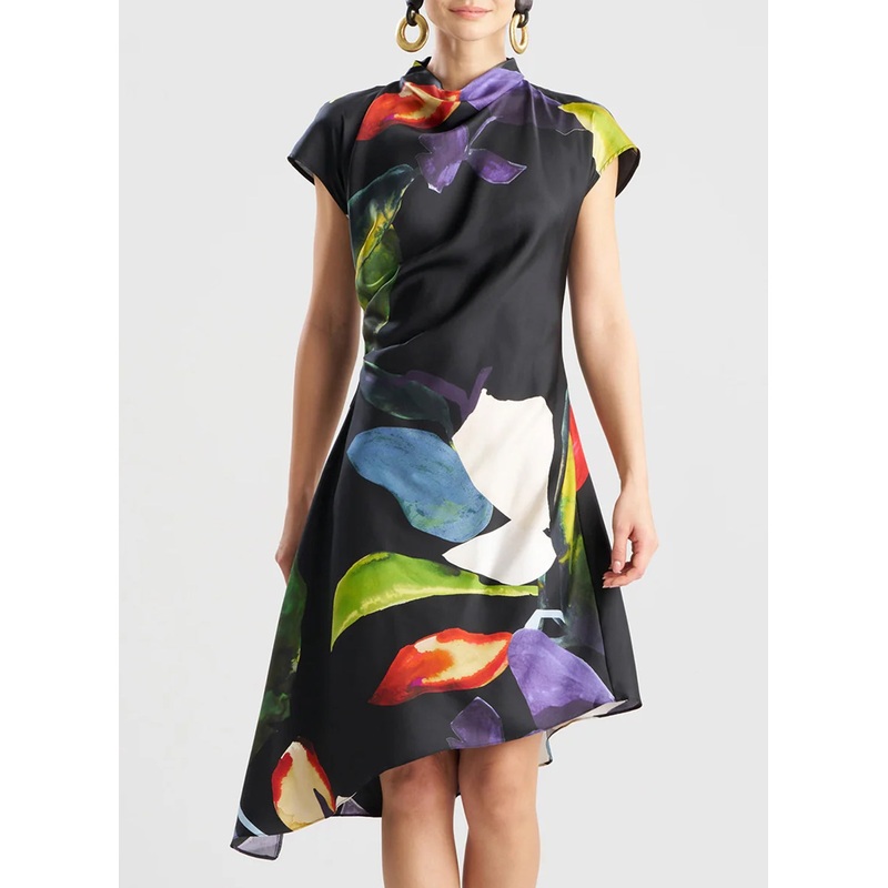 Yoru Silk Twill Black Multi Asymmetric Pleated Dress Black Multi 0
