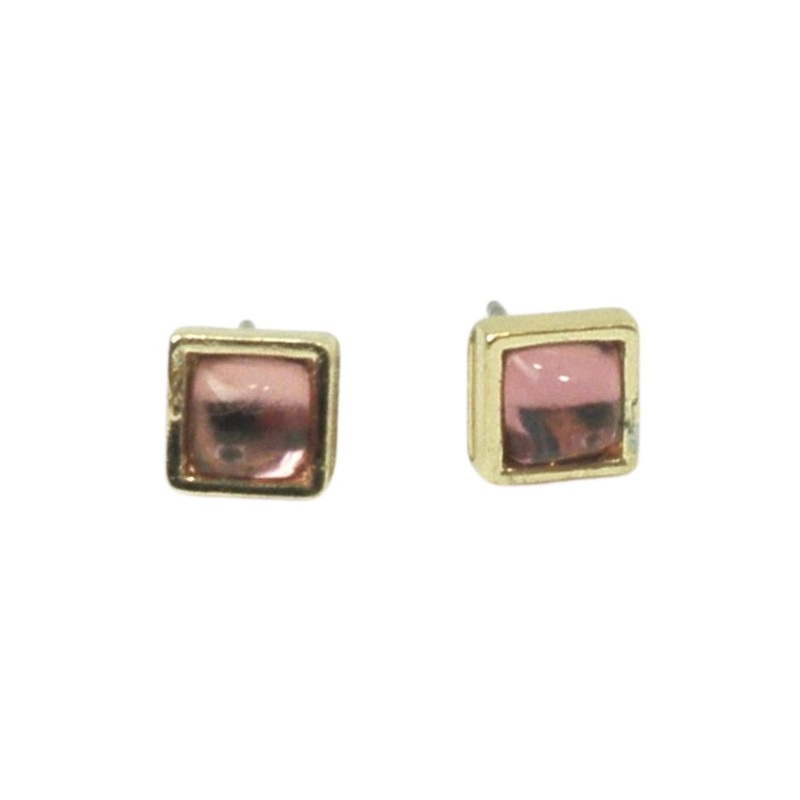 Gold Square Studs with Shiny Pink Design