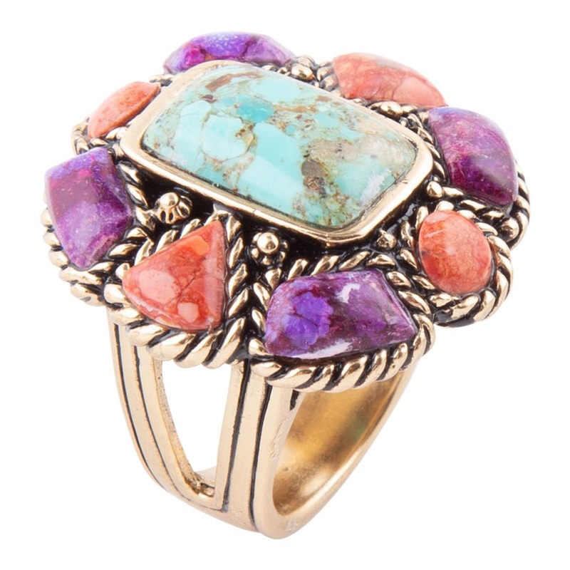 Blue Turquoise Colorful Floral Golden Ring 7