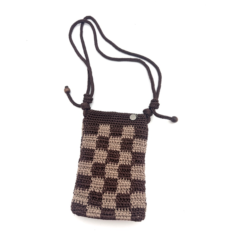 Brown Checker Print Crochet Shoulder Bag