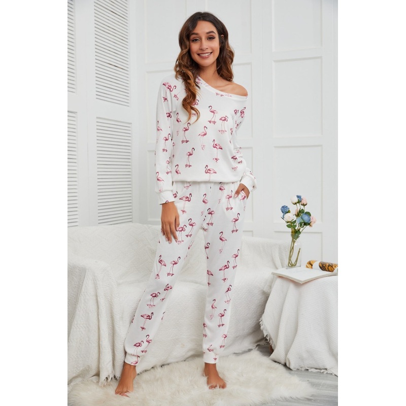Flamingo Long Sleeve Top and Pants Lounge Set White S