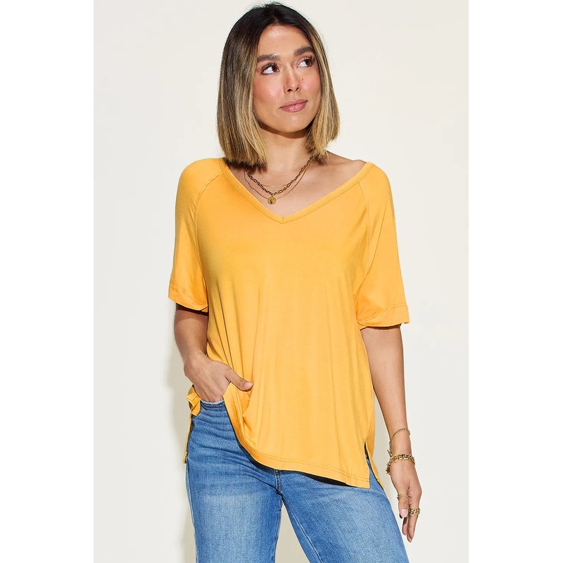 Basic Bae Full Size Bamboo Slit V-Neck Short Sleeve T-Shirt Gold S