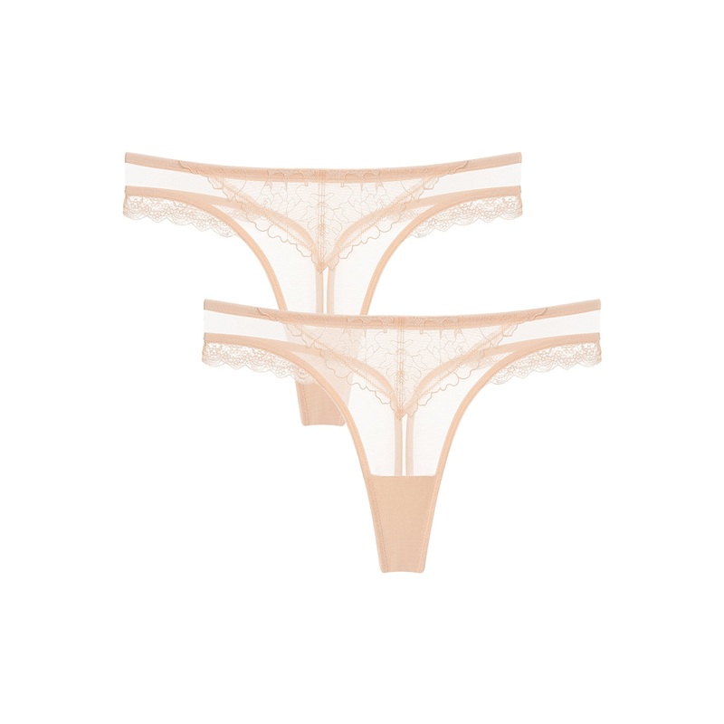Sexy Embroidered Low Waist 2PCS Nude S