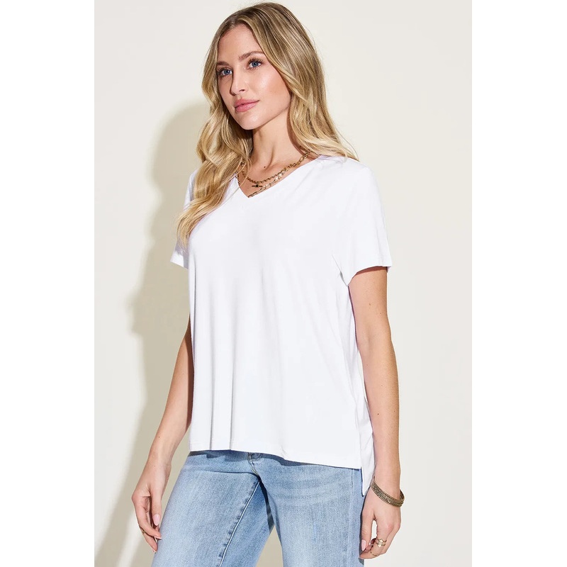 Basic Bae Full Size V-Neck High-Low T-Shirt White S