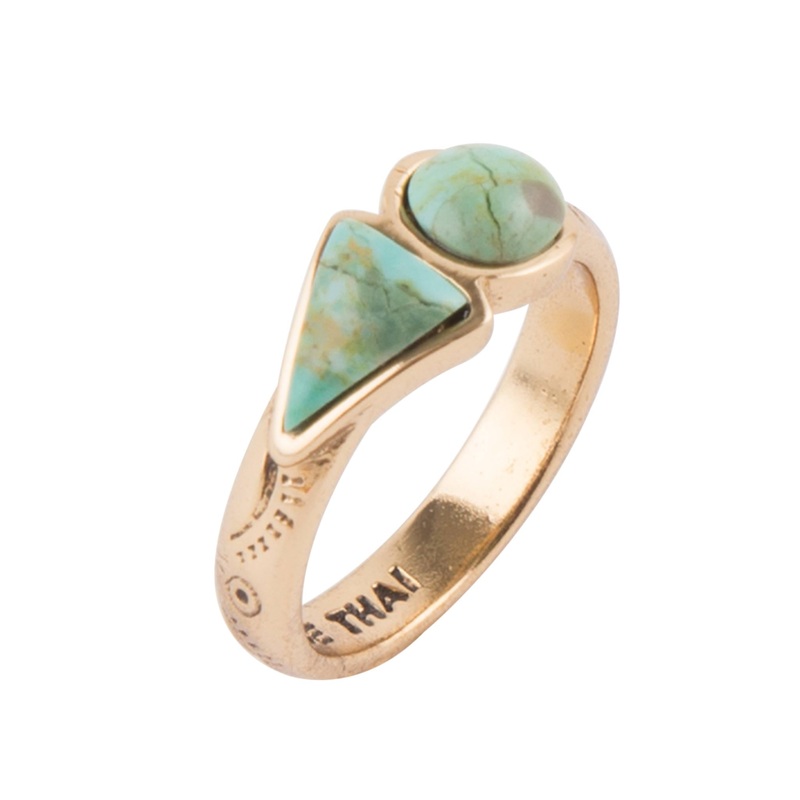 Blue Turquoise Shape Golden Bronze Ring 6