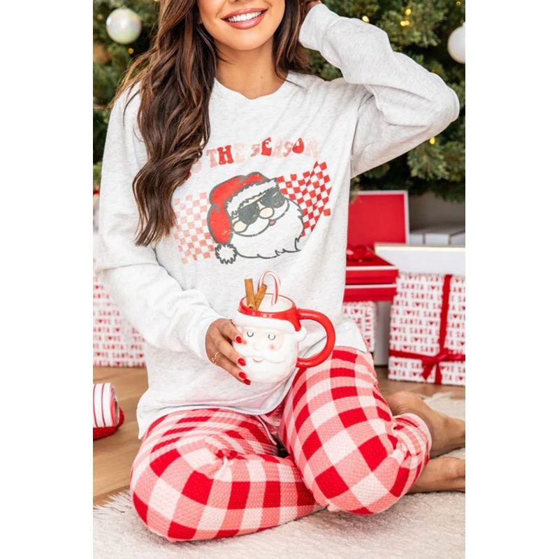 ITS THE SEASON Round Neck Top and Plaid Pants Lounge Set White S