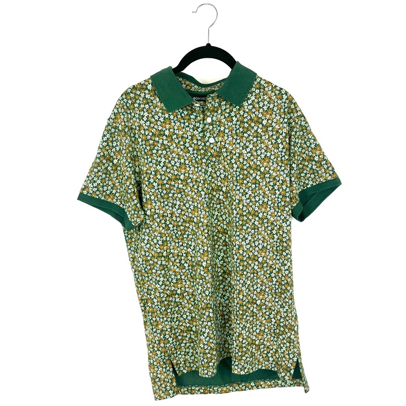 MENS Forest Green and Marigold Flower Collared Shirt – Medium