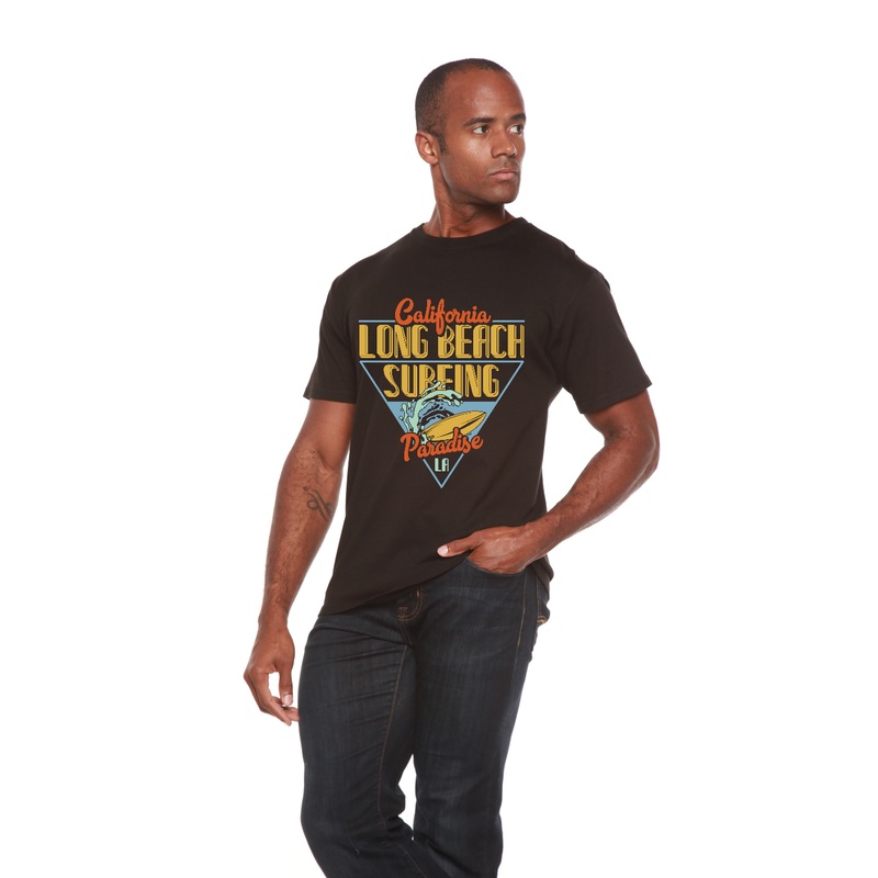 Long Beach Surfing Printed Men’s Bamboo Viscose/Organic Cotton Short Sleeve Graphic T-Shirt Medium Black
