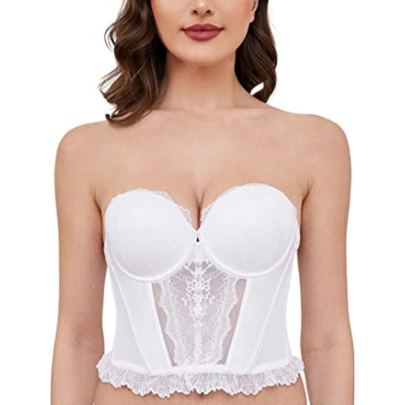 Strapless Bra Longline Corsets Push Up Boned Underwire Sexy Sheer Mesh Lace-Trim White 32B/70B