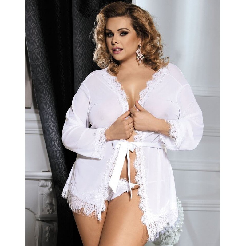 Curvy Mesh & Lace Trim Robe with Thong – White 16-18