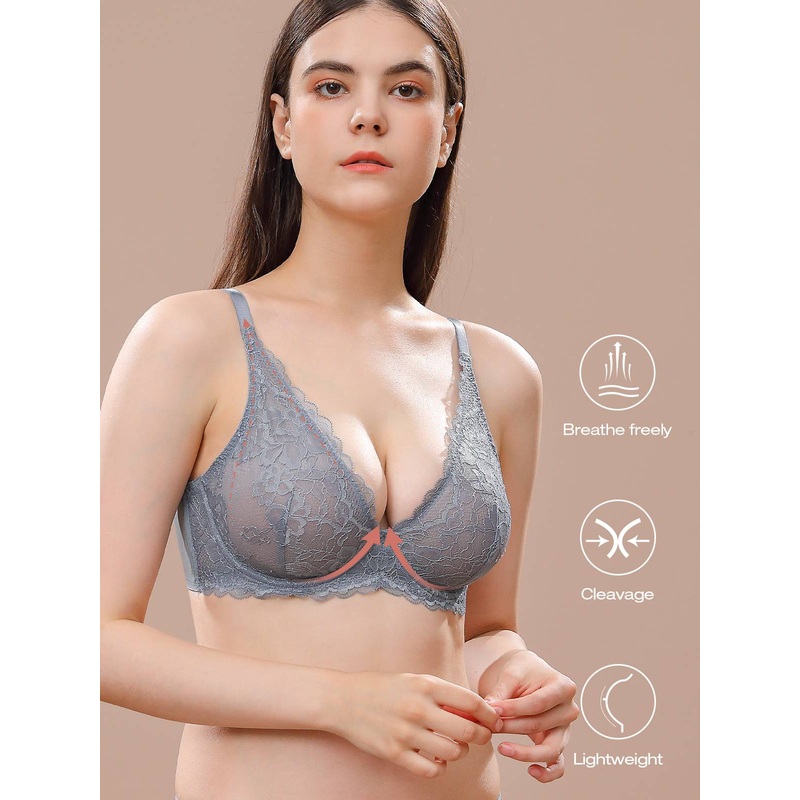 Sexy Unpadded Mesh Sheer Lace V Plunge Bra Grey 32B/70B