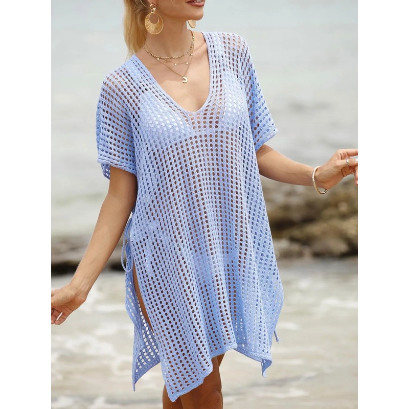 Side Tied V-Neck Cover-Up Light Blue One Size