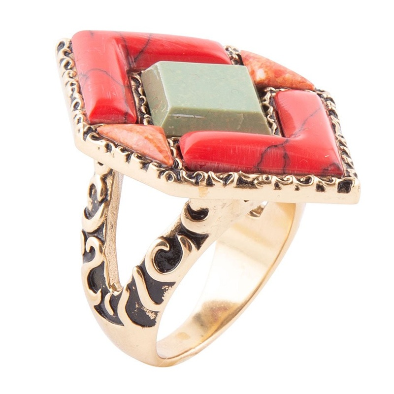Turquoise and Coral Tapestry Ring 7