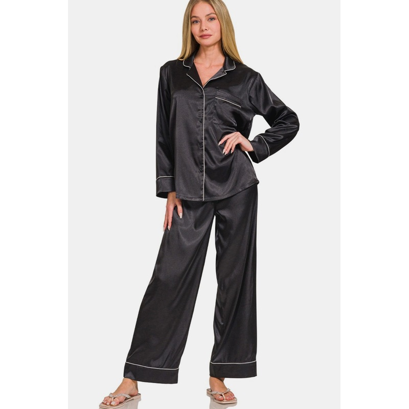 Zenana Satin Long Sleeve Shirt and Pants Pajama Set Black S
