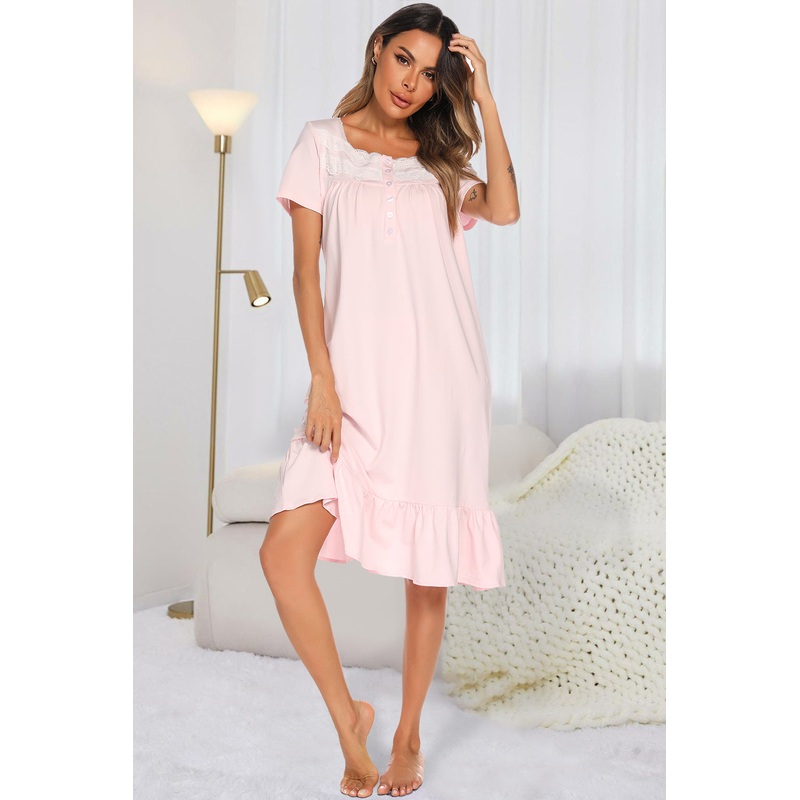 Lace Detail Square Neck Lounge Dress Blush Pink S