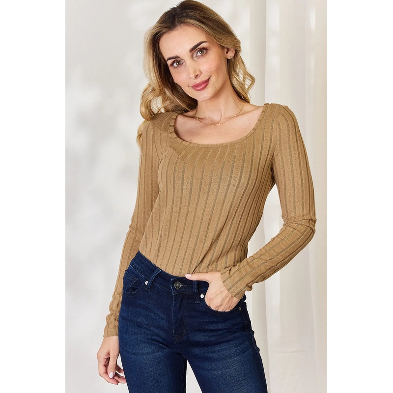 Basic Bae Full Size Ribbed Long Sleeve T-Shirt Khaki S