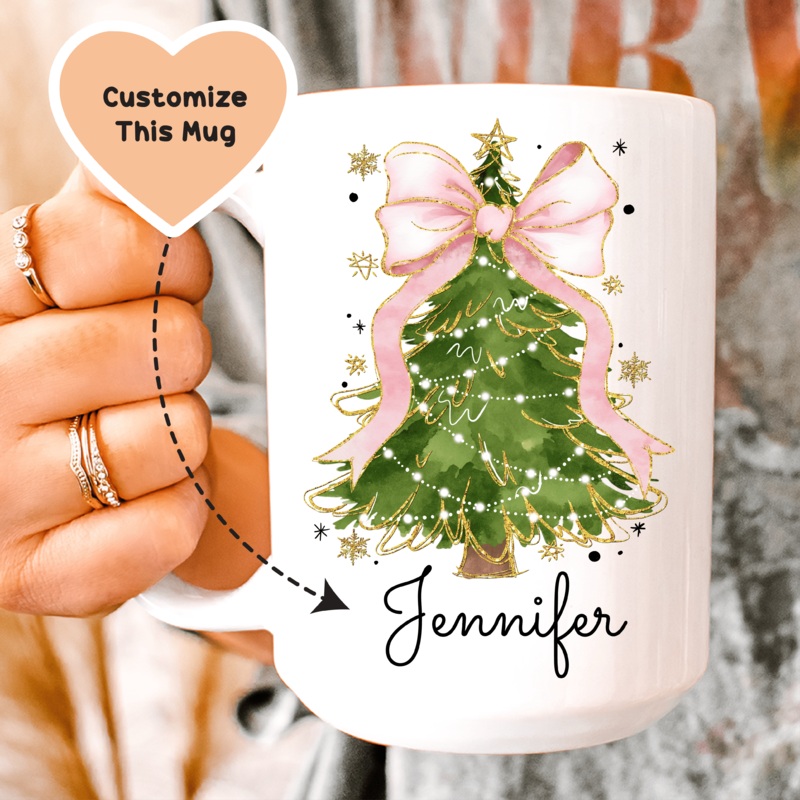 Custom Christmas Tree Bow Mug White 15 oz