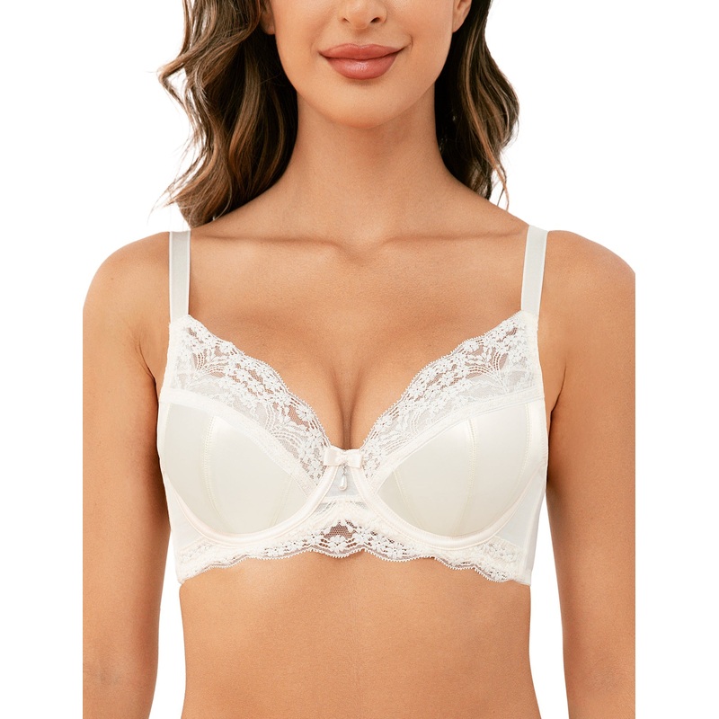 Full Coverage Minimizer Bra Lace Floral See Through Non-Padded Underwire Plus Size Bras Ivory 32B/70B