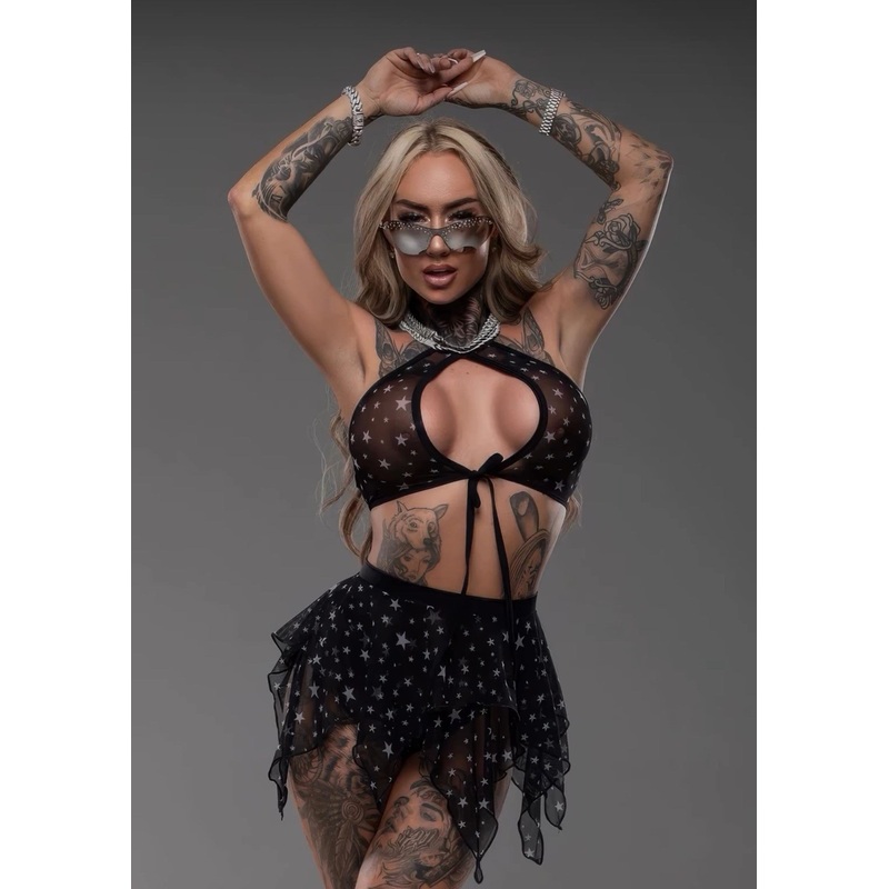 Mesh Halter Top & Flow Skirt Set Black Star S/M