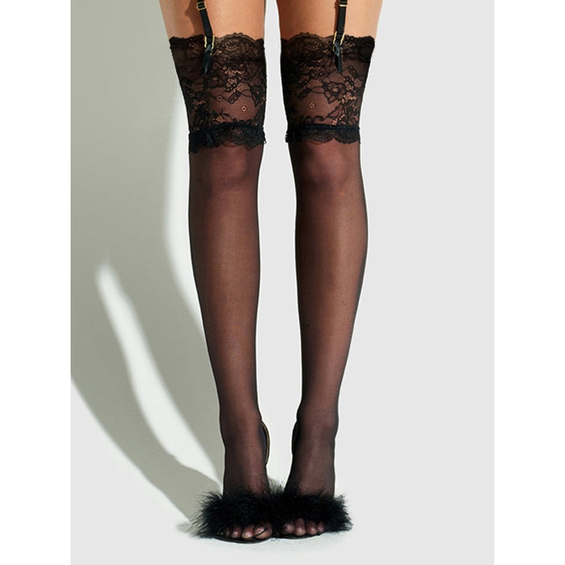 Thigh High Sheer Stayups With Tall Lace Band Black OS