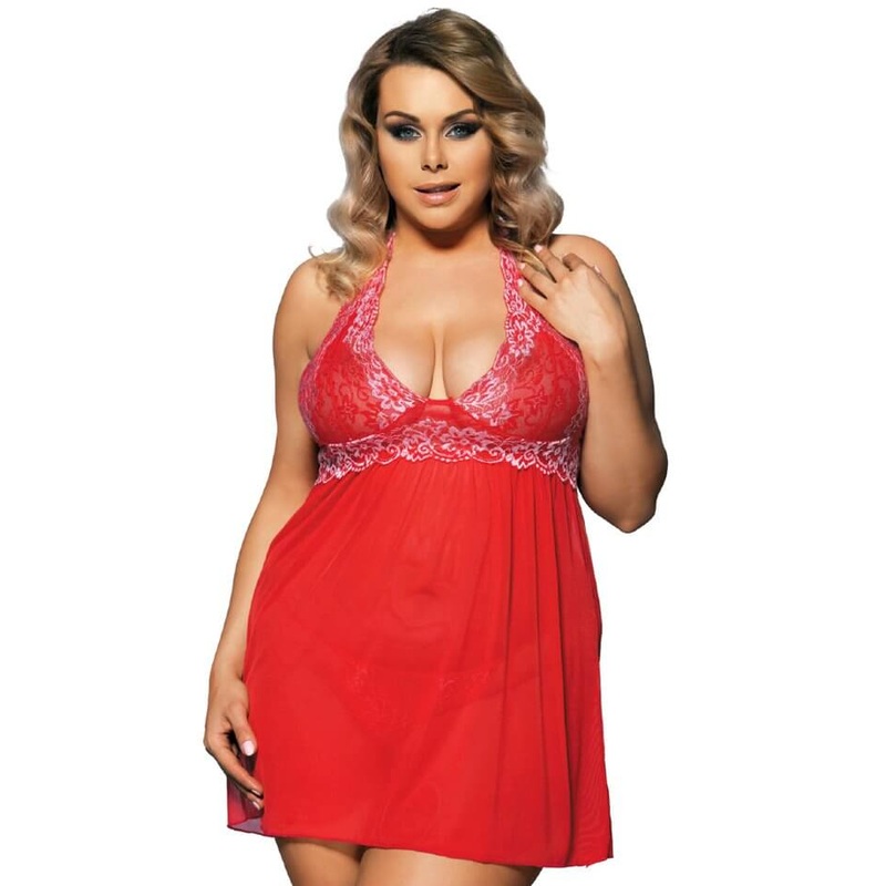 Curvy Mesh & Lace Halter Babydoll with G-String – Red 8-10