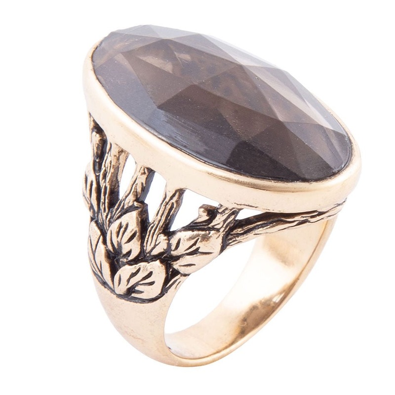 Enchanted Faceted Black Smoky Quartz Golden Ring 7