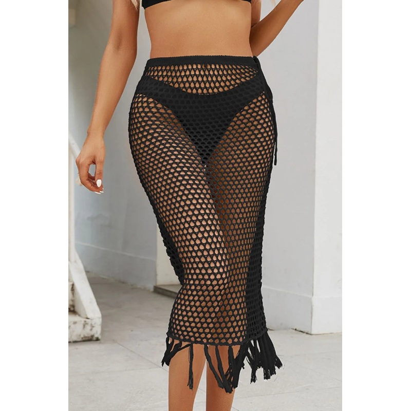 Fringe Openwork High Waist Swim Skirt Black S