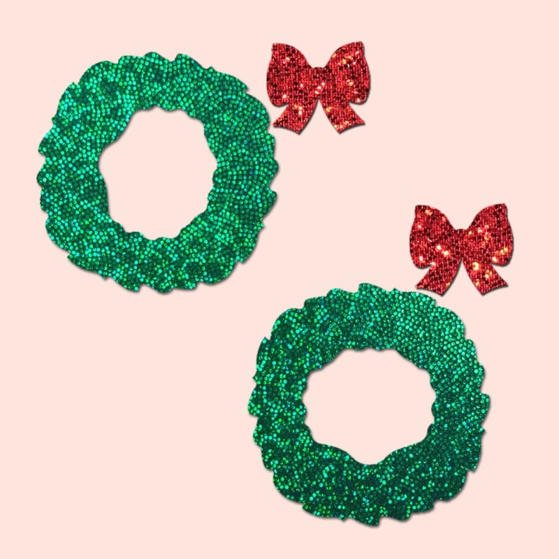 Peek-a-Boob: Green Glitter Wreath with Red Glitter Bow Nipple Pasties by Pastease