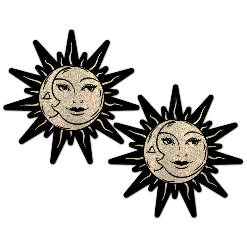 Sunburst: Sun & Moon Faces on Gold Glitter Sun Nipple Pasties by Pastease o/s Gold